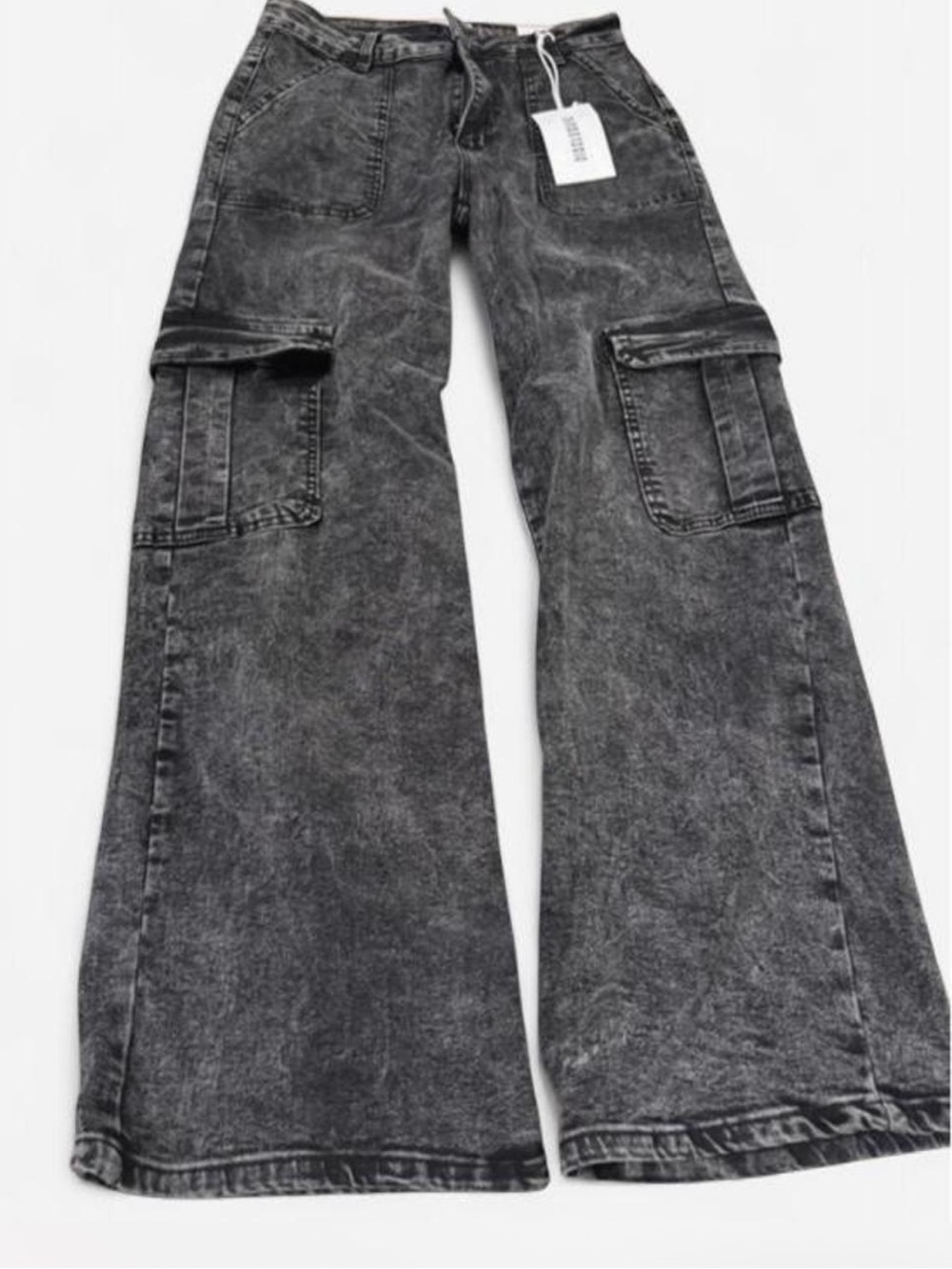 High-Rise Washed Black Cargo Wide-Leg Jeans